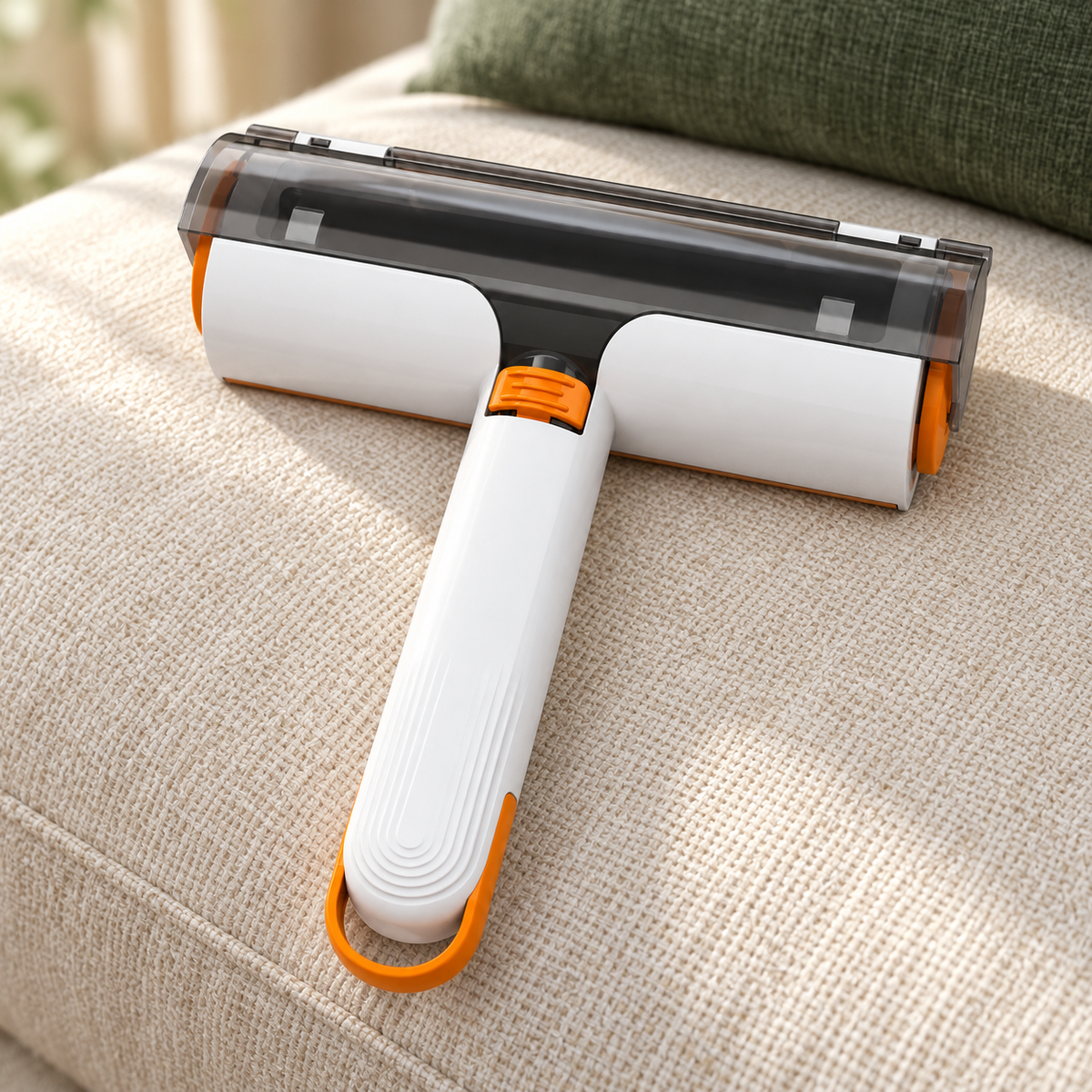 White and orange reusable pet hair roller on a cream linen sofa